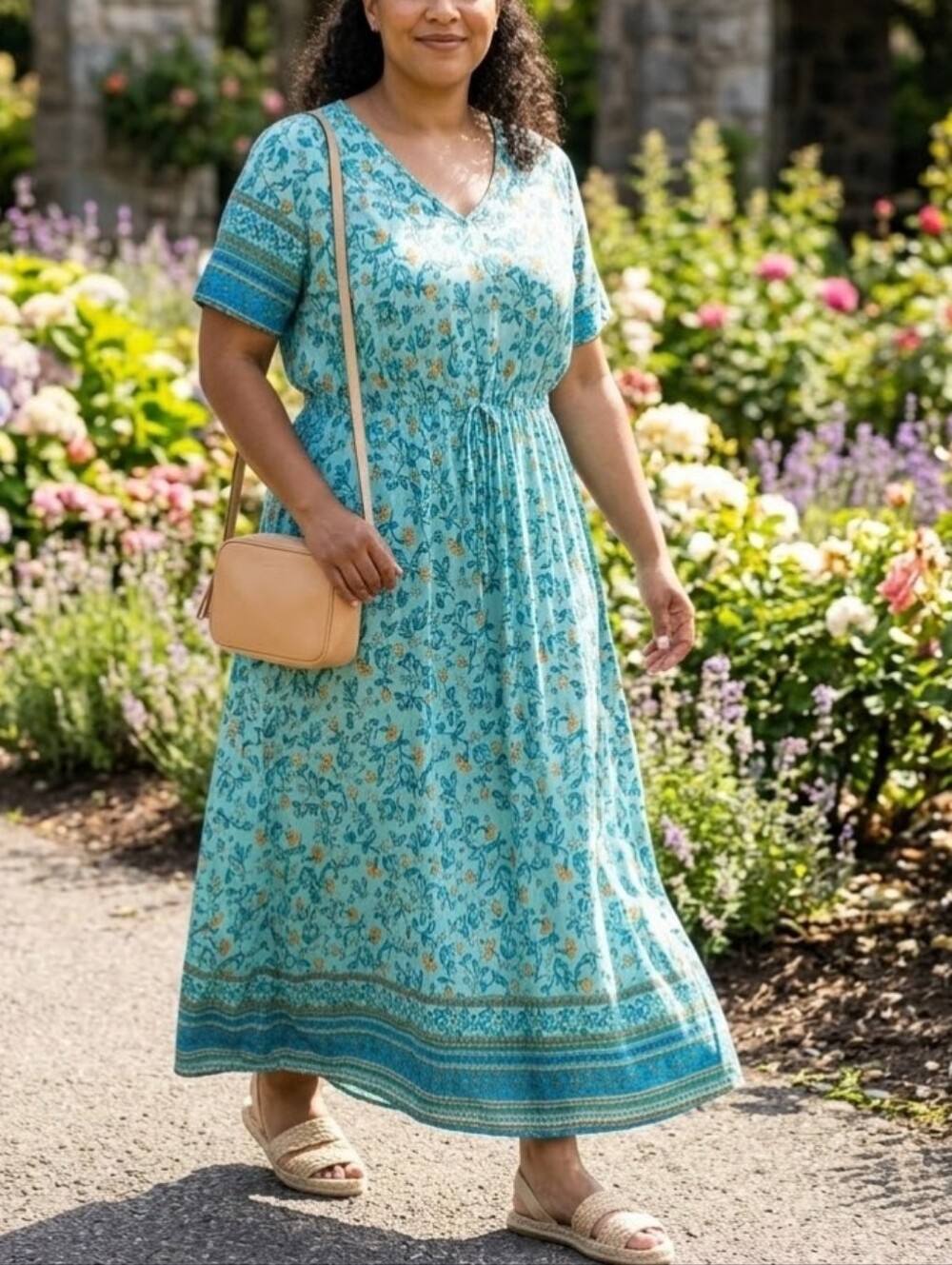 Pretty Garden Brand... Turquoise Floral V‑Neck Maxi Dress with Drawstring Waist